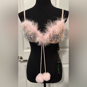 NWT Dolls Kill / Ckub Exx Pink Sequin Faux Fur Top